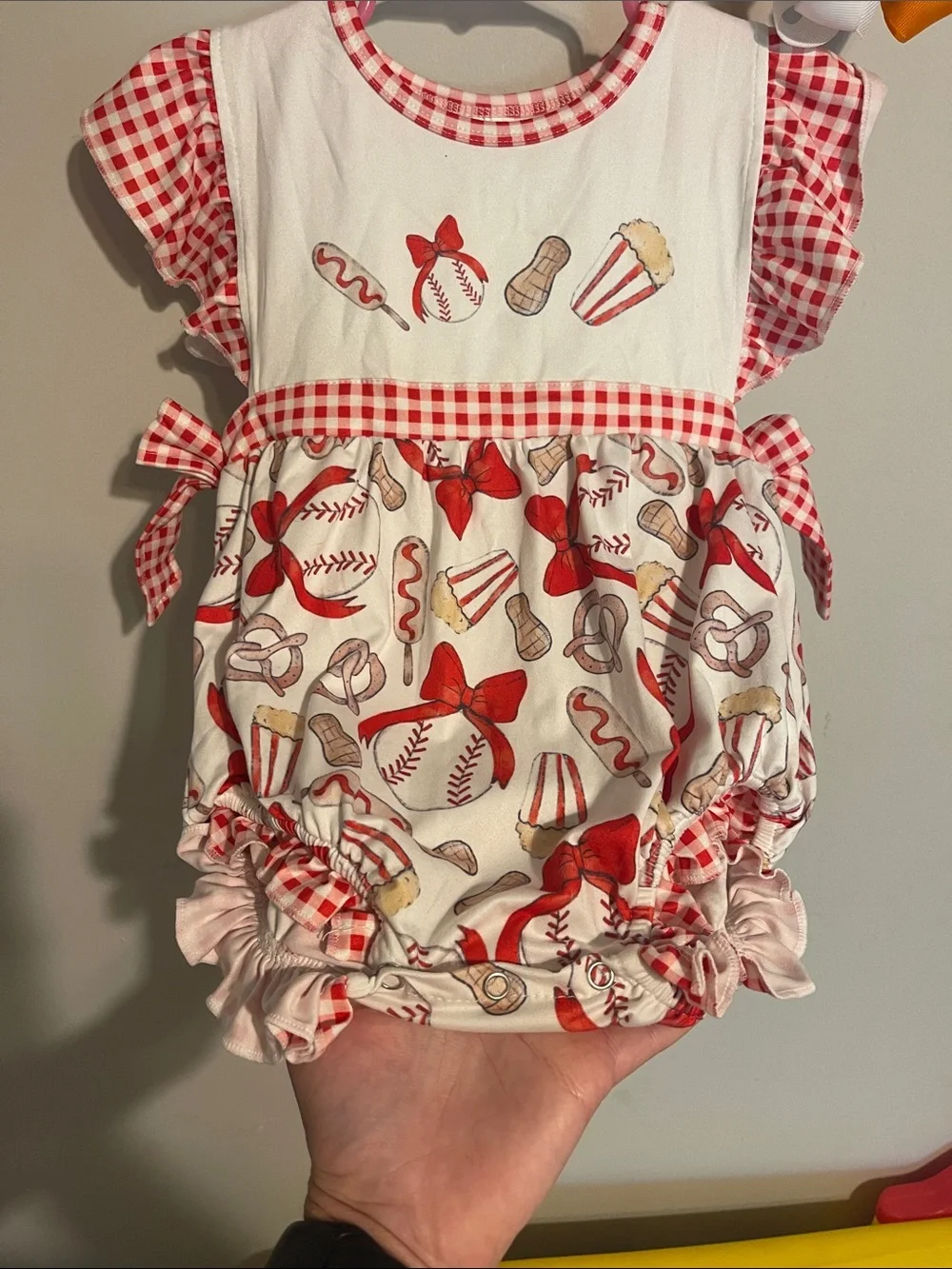 Red & White Gingham Baseball Bubble Romper 2T girls bow